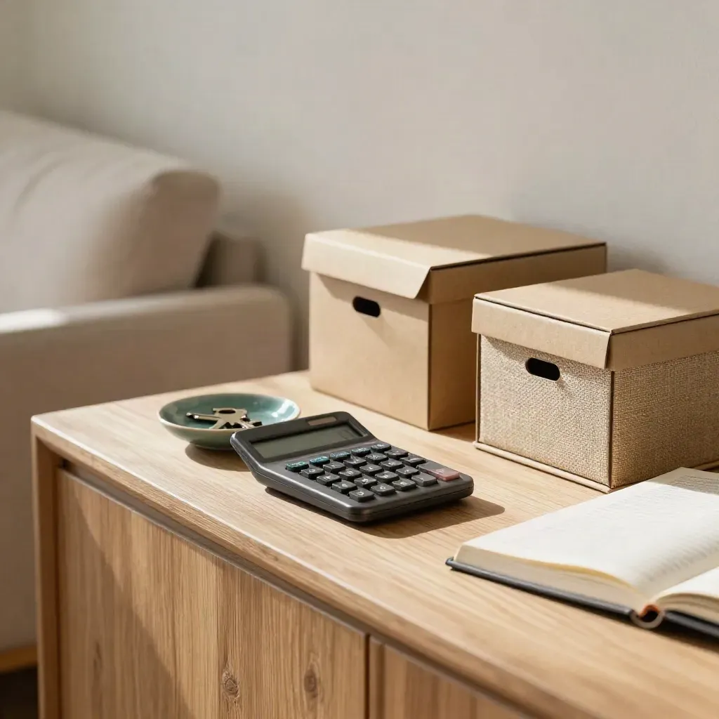Sideboard vignette with calculator, keys dish, notebook and storage boxes in warm daylight