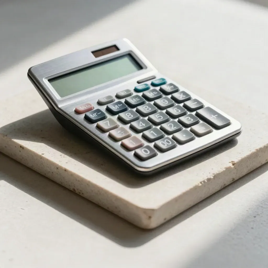 Top-down calculator on pale stone with a cup shadow and teal accent on a neutral surface
