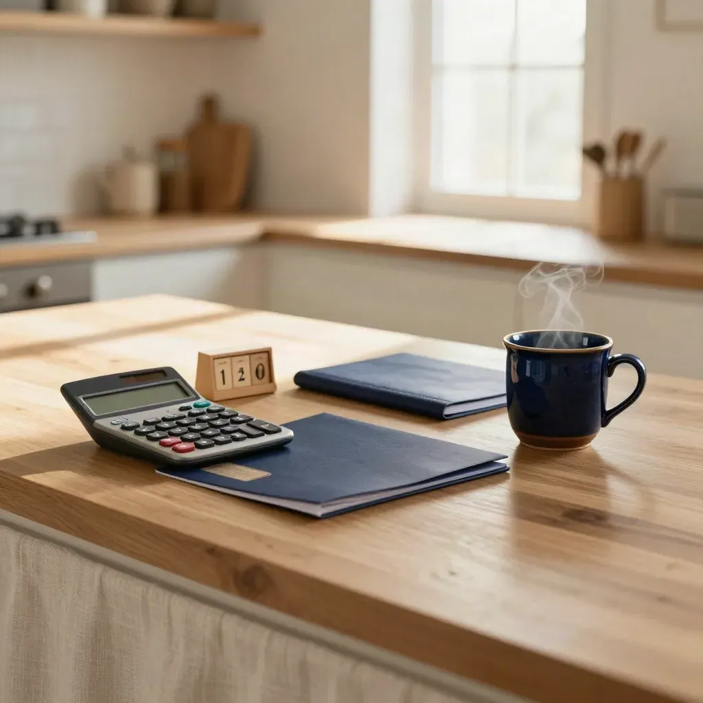 Kitchen counter with calculator, calendar block, navy folder and steaming mug