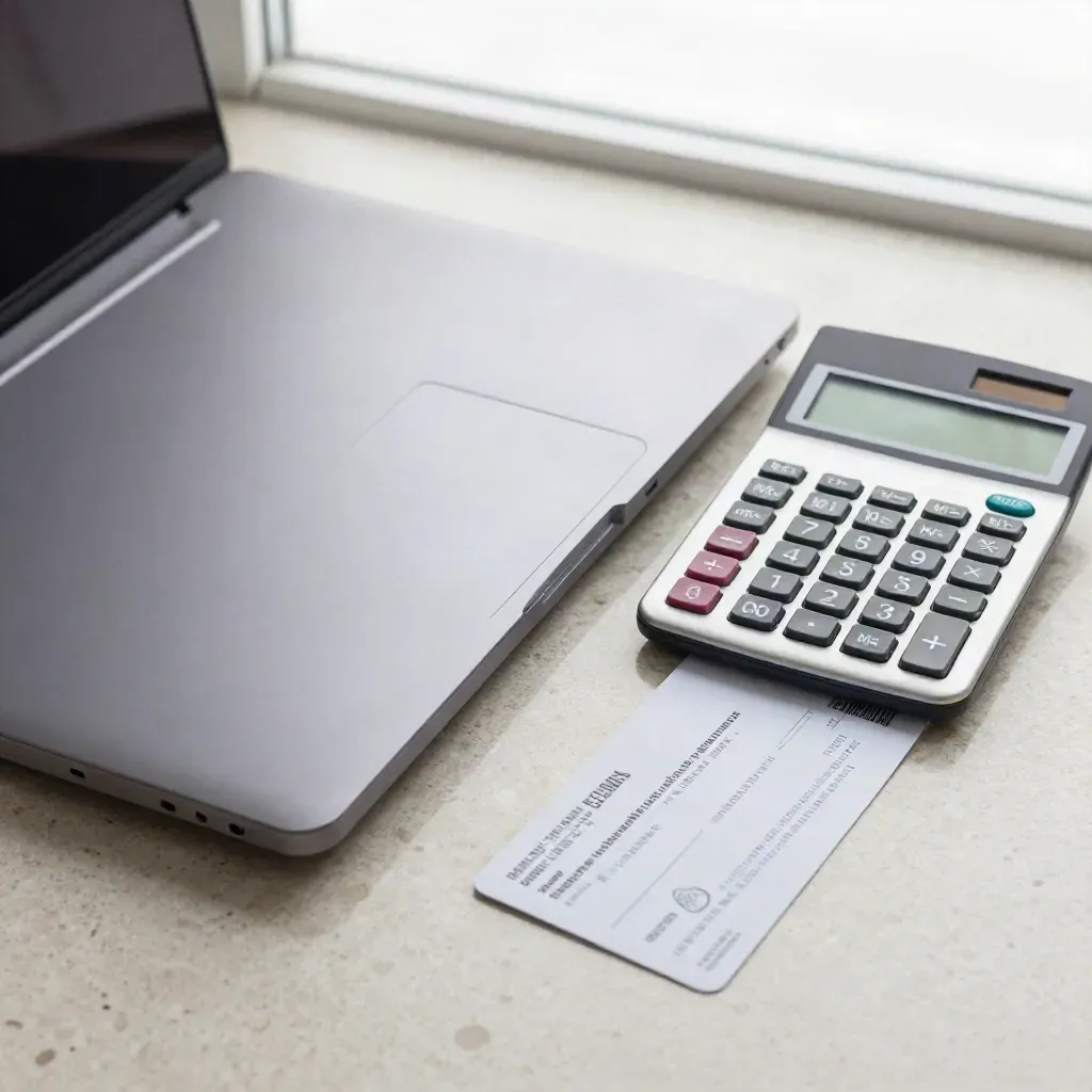 Closed laptop, calculator and privacy screen with a face-down eligibility card on travertine.