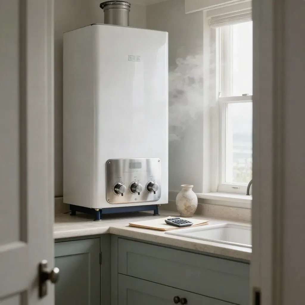 White boiler nook with steel tray, folder and vase in a bright kitchen utility corner.