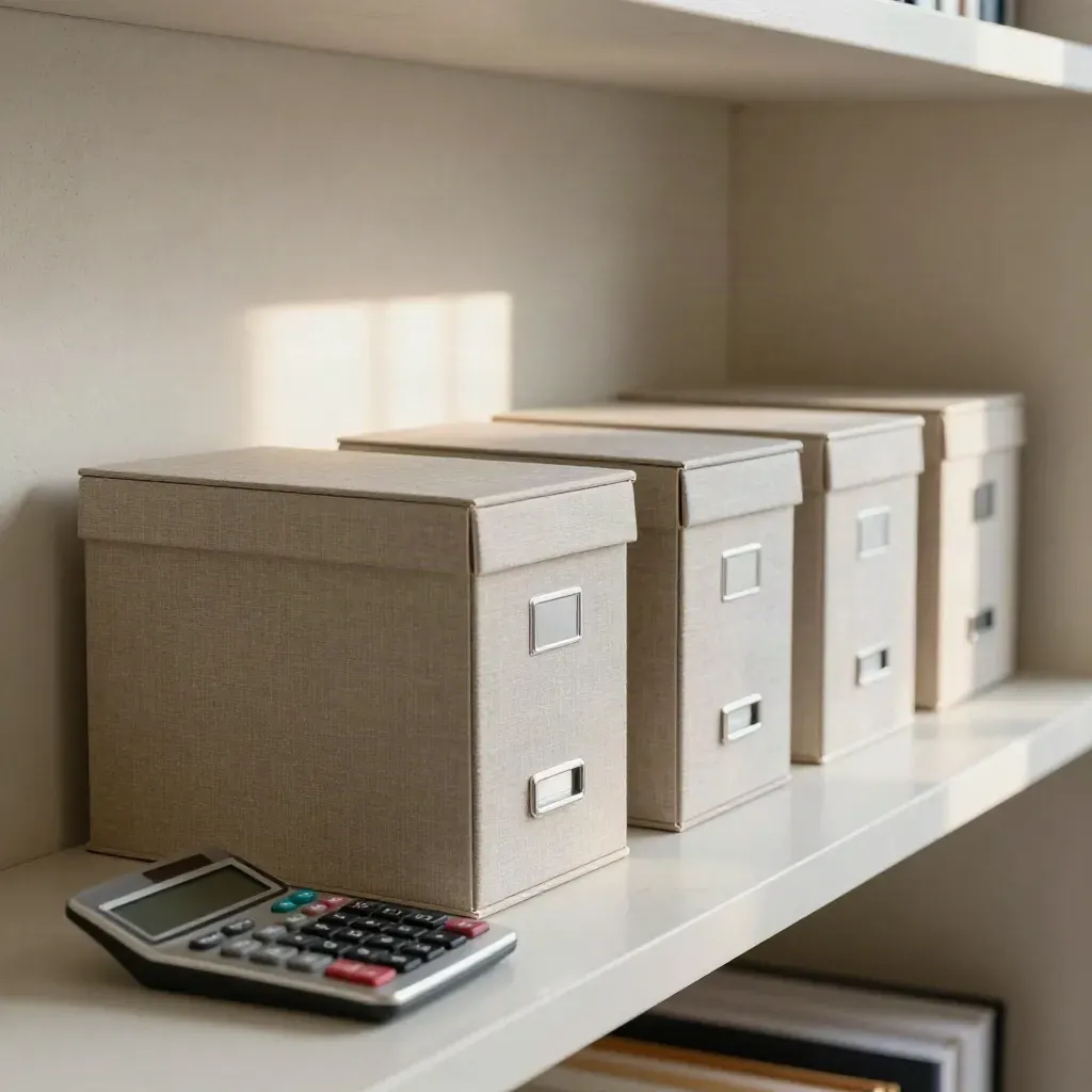 Four archive boxes and a silver calculator on a pale shelf, arranged like a repayment route.