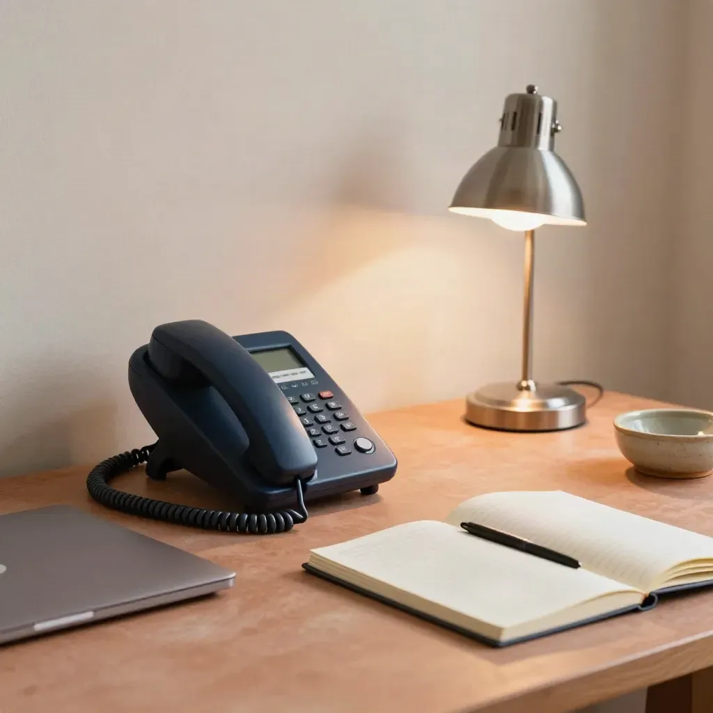 Navy corded phone, closed laptop, face-down notebook and lamp on a warm support desk.