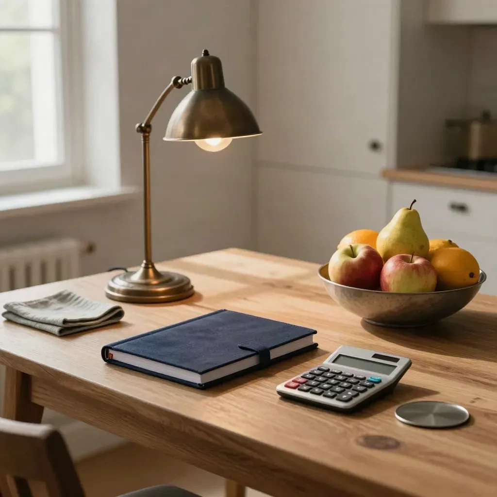 Empty kitchen table with lamp, budgeting notebook, calculator and fruit bowl in soft evening light.