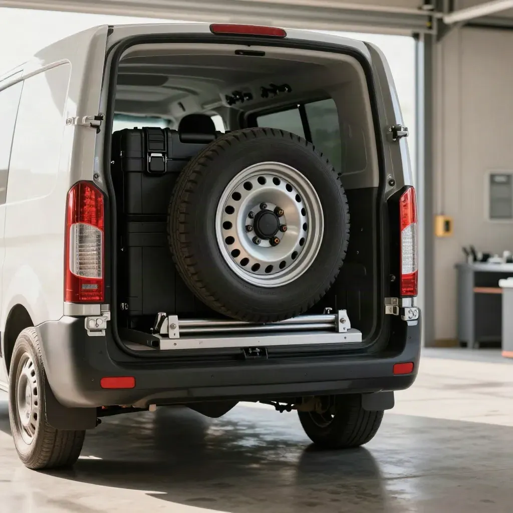 Open rear of a work van with a spare wheel, tool case and jack, road-ready in a garage.