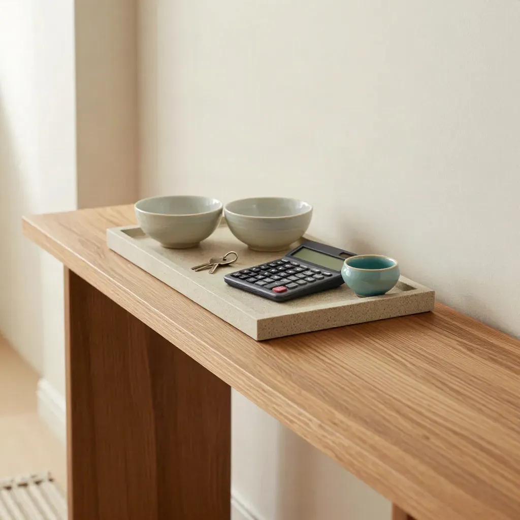 Hallway console with merged key bowls, one calculator and teal tray in bright daylight.
