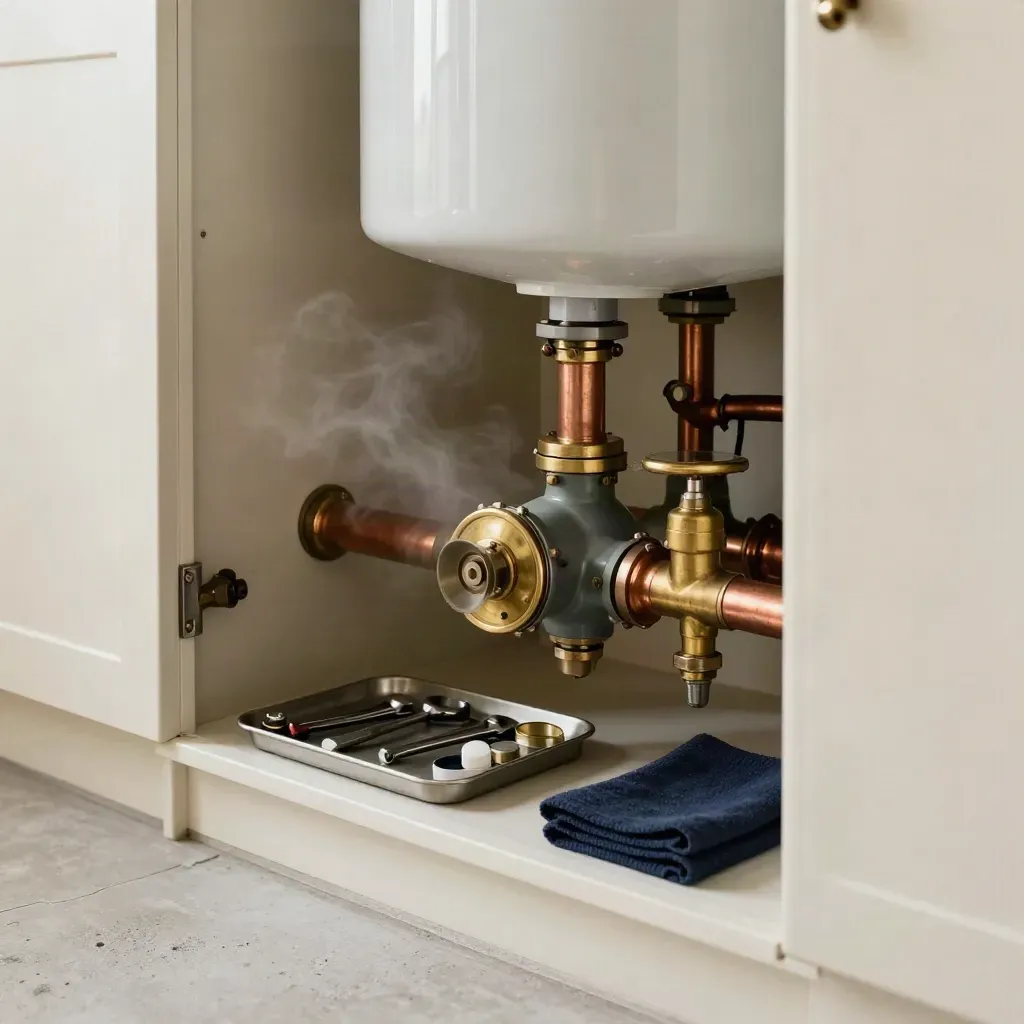 Repaired boiler and copper pipework in a tidy utility cupboard, glowing warmly.