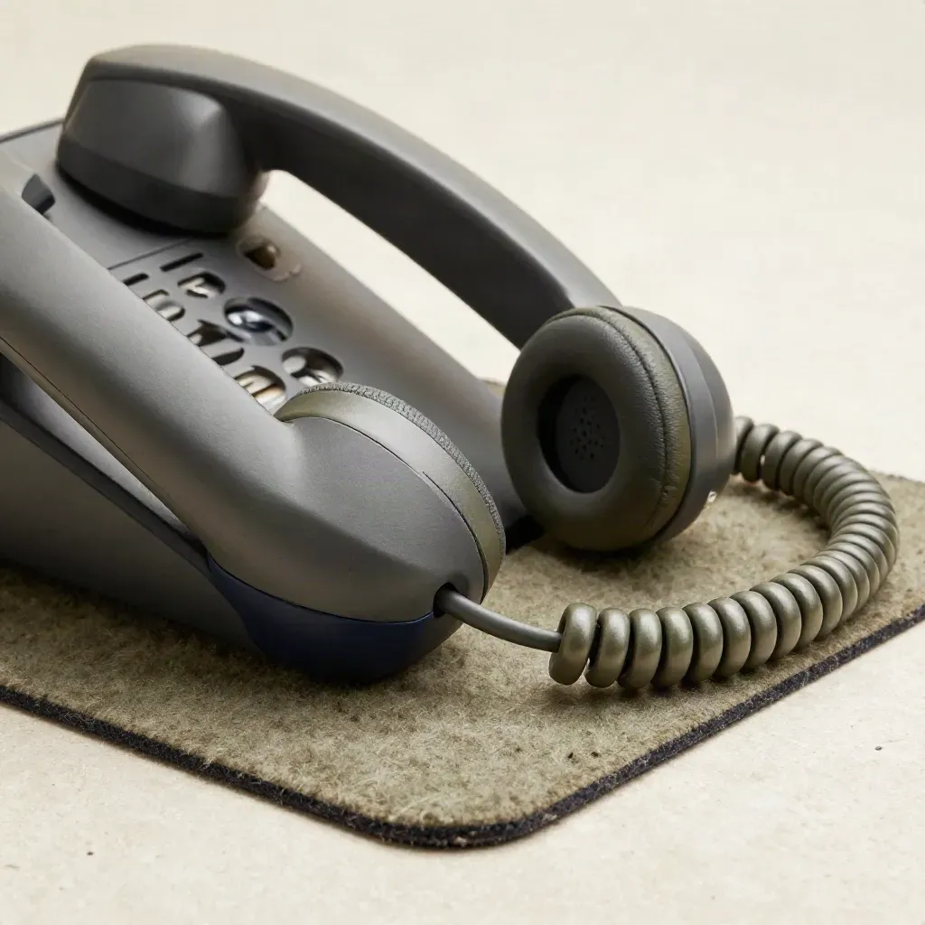 Macro of a phone handset cradle, woven headset band and coiled cable on a felt mat.