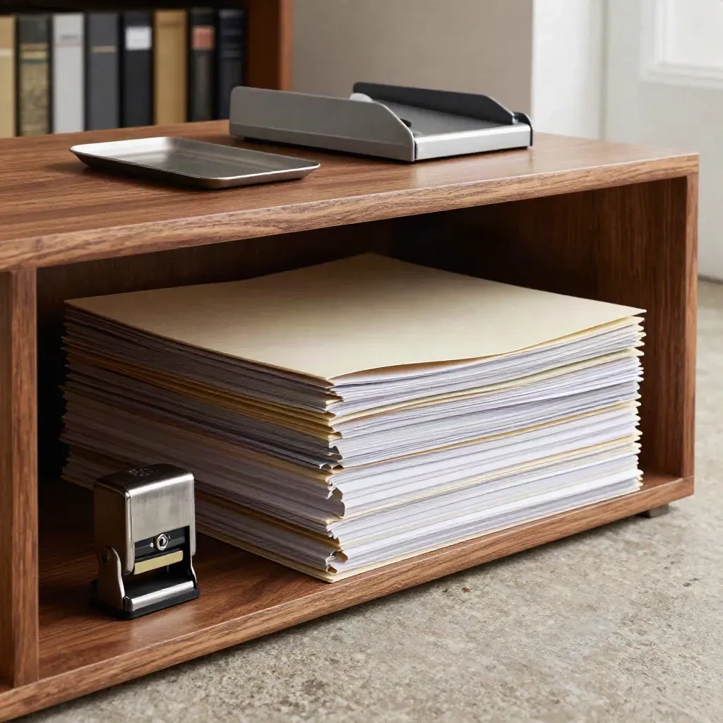 Underwriting file sleeves, desk stamp and paper tray on a warm walnut shelf in dramatic light.