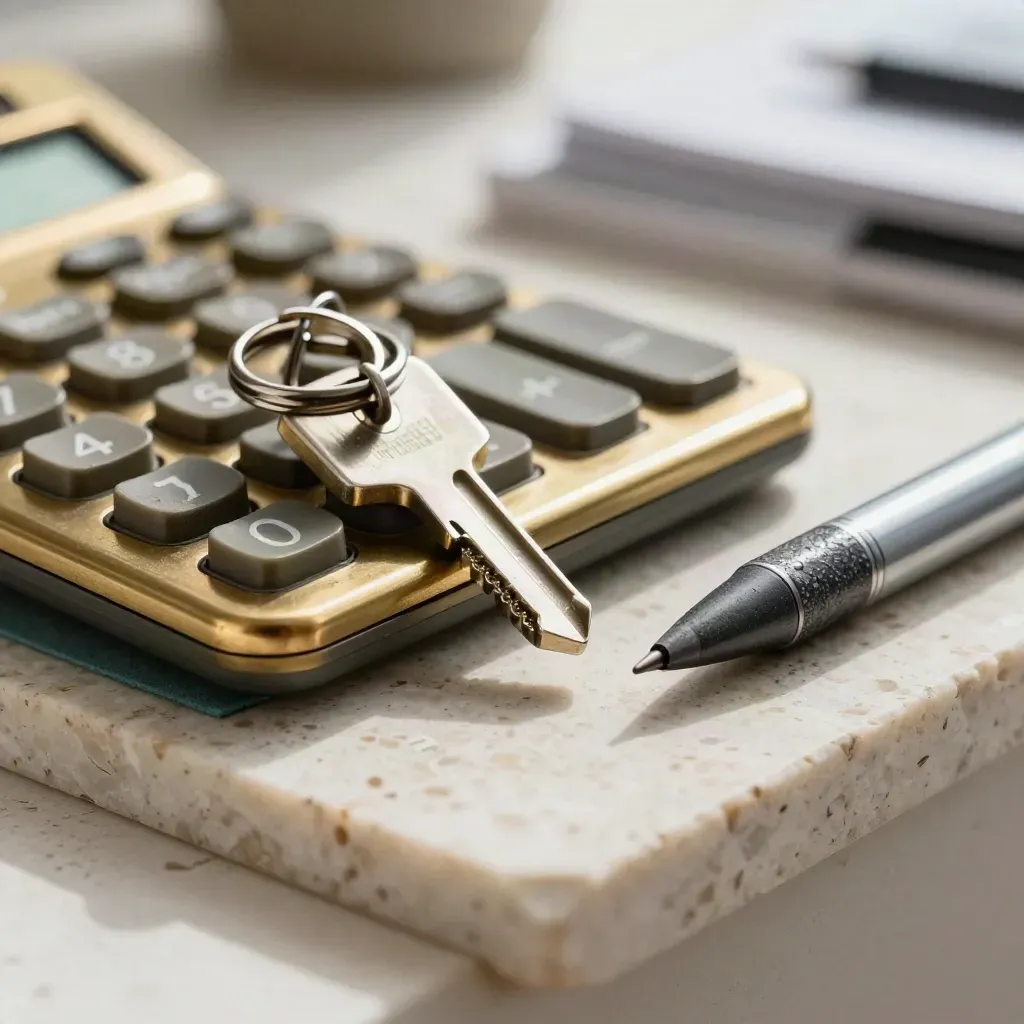 Macro still life of a brass calculator corner, house keys and graphite pen on travertine.