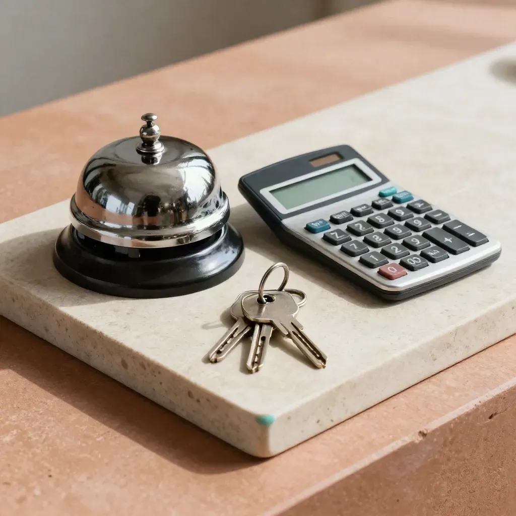 Polished desk bell, calculator and keys on a pale tray over terracotta stone.