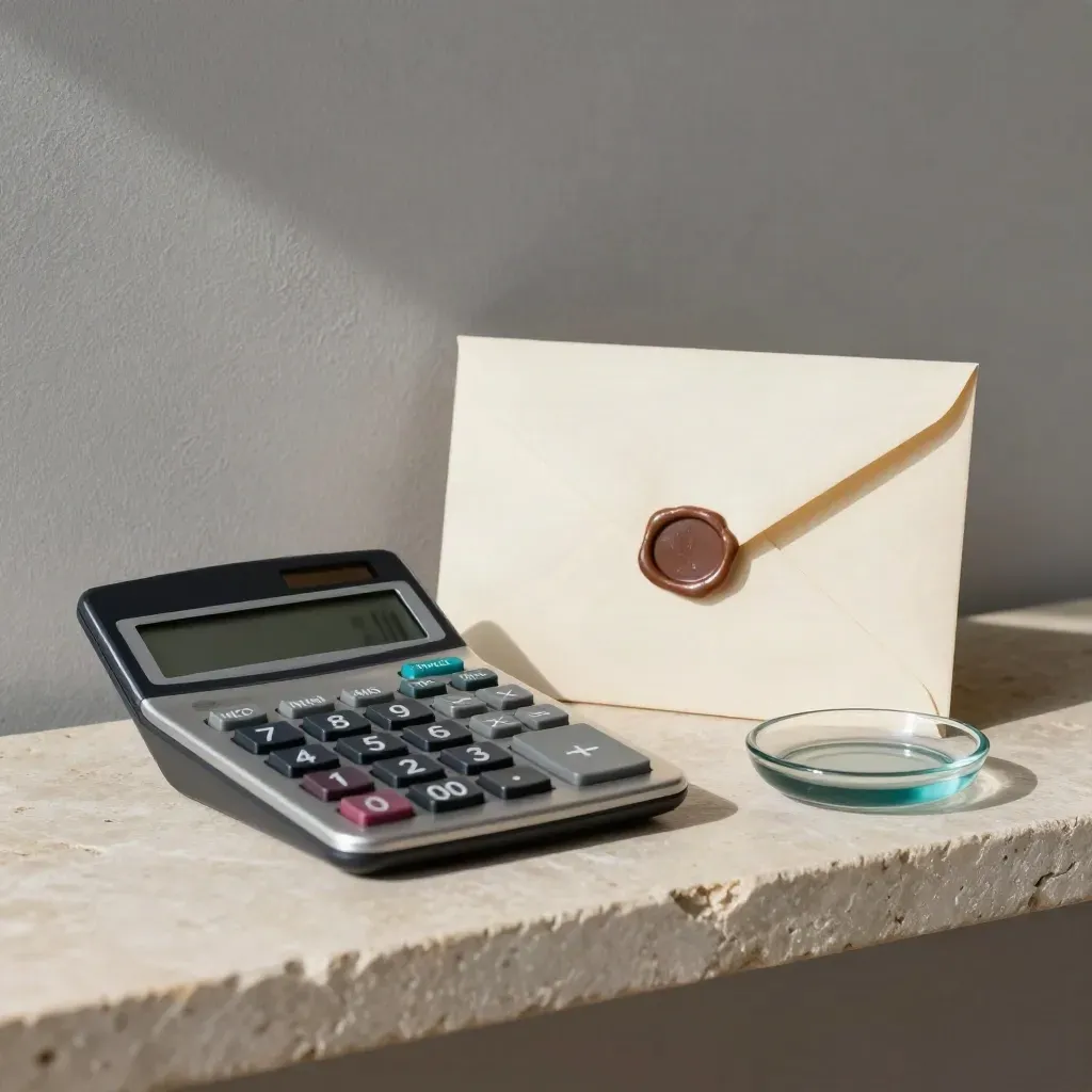 Calculator, cream envelope and glass dish on a stone shelf in soft daylight.