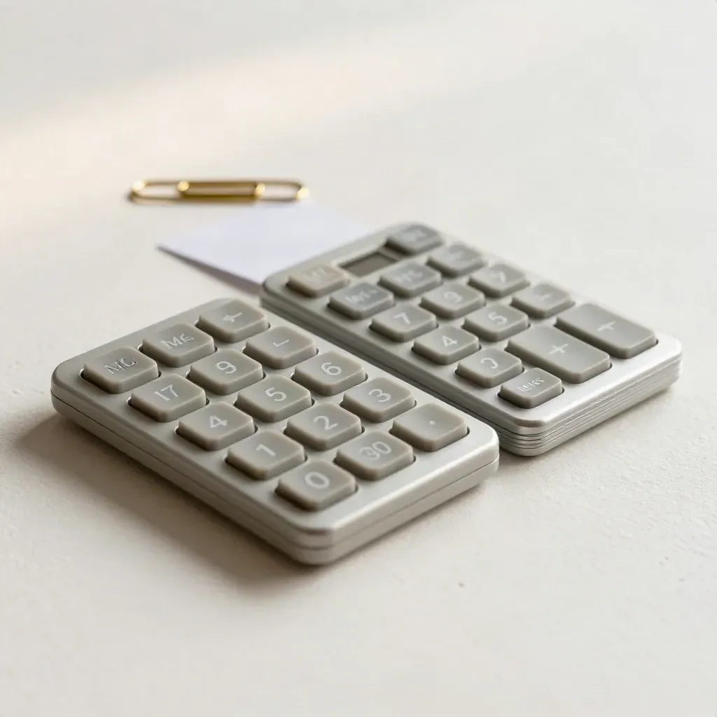 Two matte calculators, a brass paperclip and edge-on cards on a soft plaster sweep.