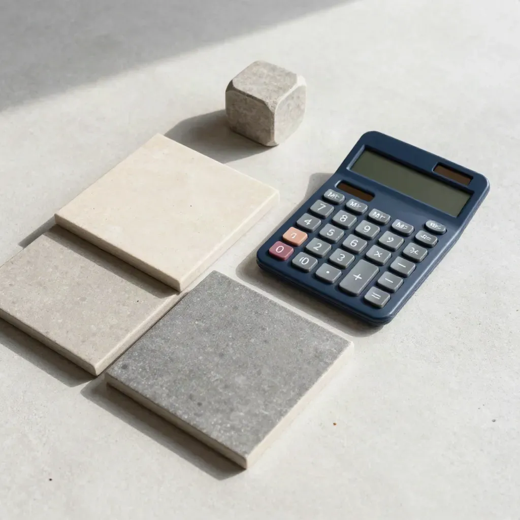 Overhead tiles, calculator and stone weight arranged diagonally on pale concrete.