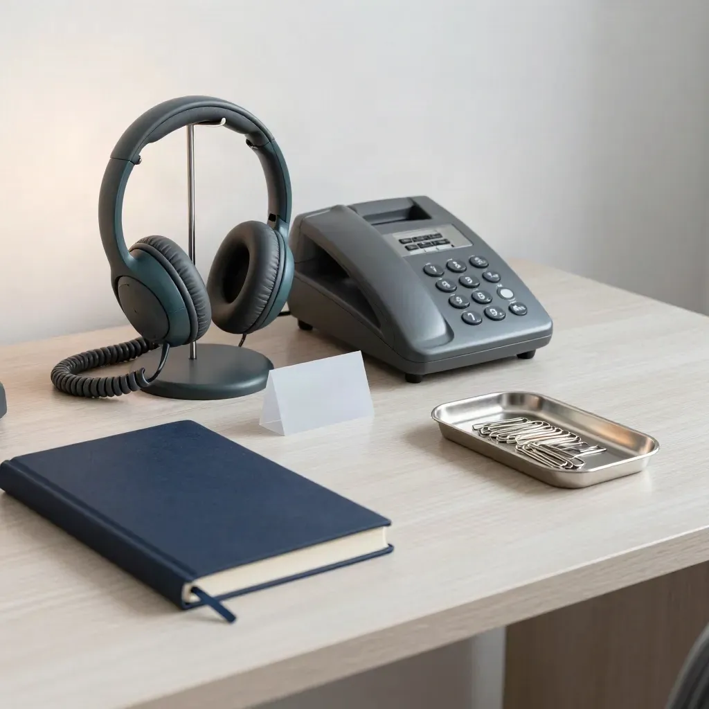Support desk still life with phone, headset stand, notebook and paper clips on pale wood.