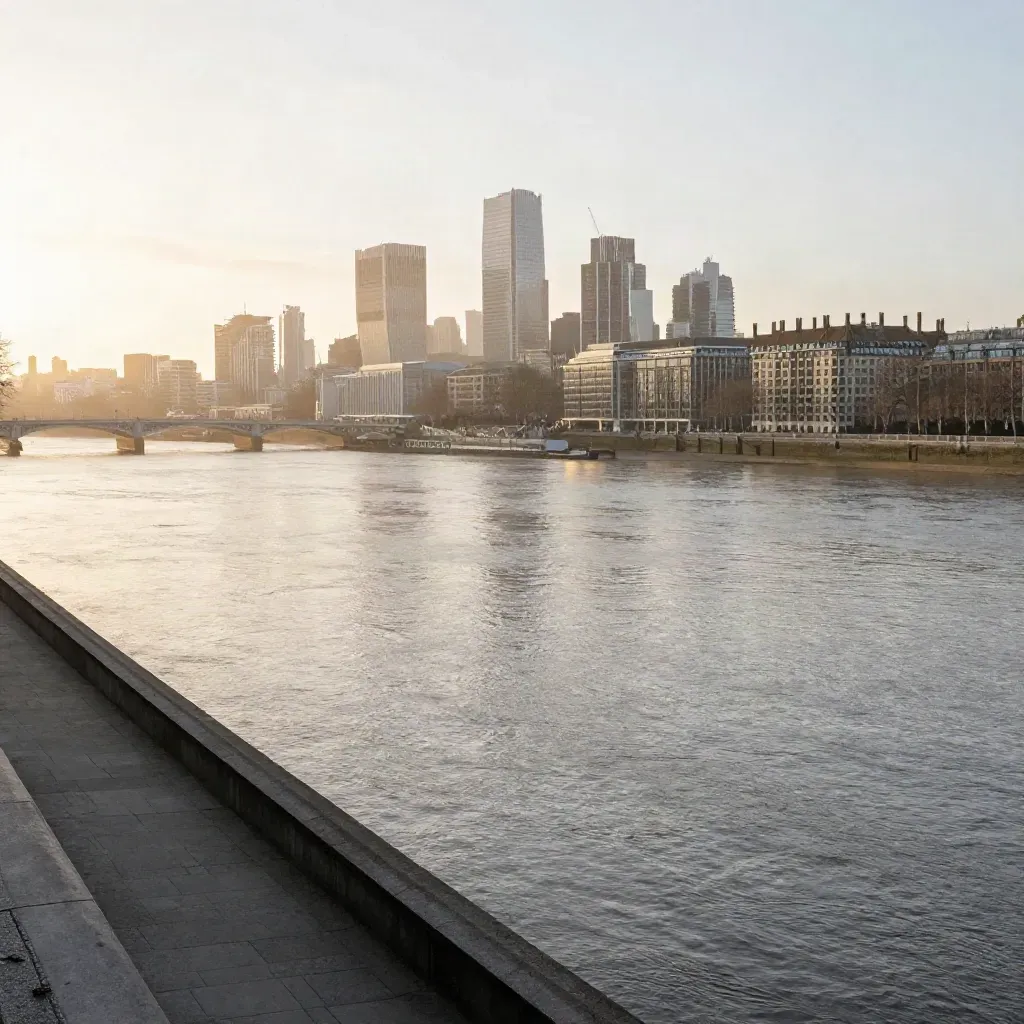 Golden-hour Thames panorama with London skyline high above a calm hazy river