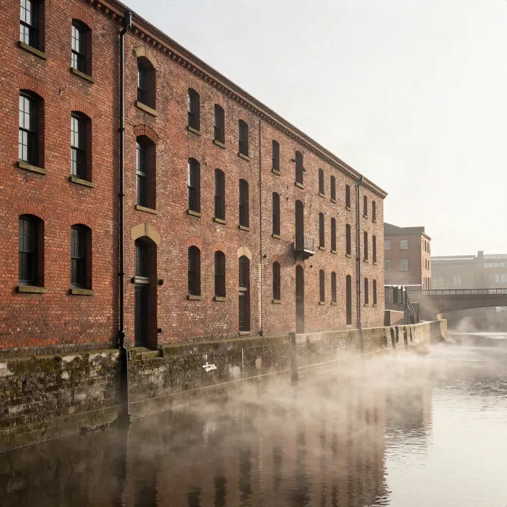 Misty Manchester canal basin with redbrick warehouses and a distant viaduct in warm dawn light