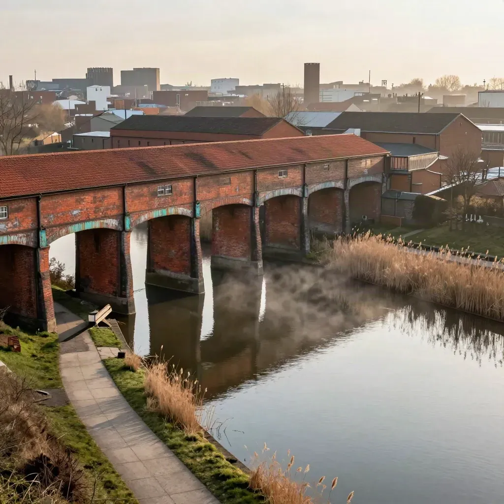 West Midlands industrial brick and canal reflections under warm haze