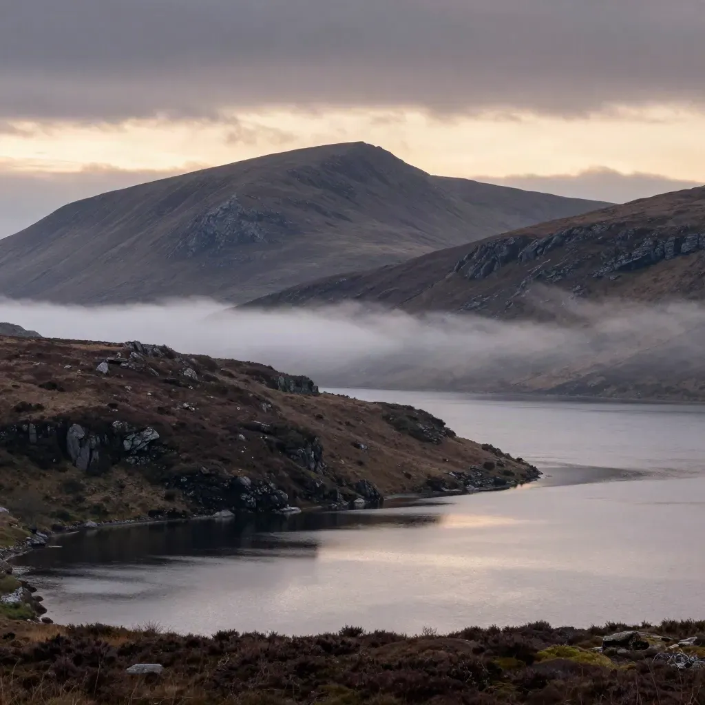 Misty loch and mountain ridges at dusk with open haze and calm water for copy space